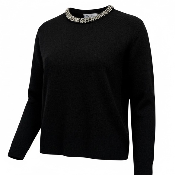 Zara Jewel Neck Black Knit Sweater Small EUC - Picture 2 of 13